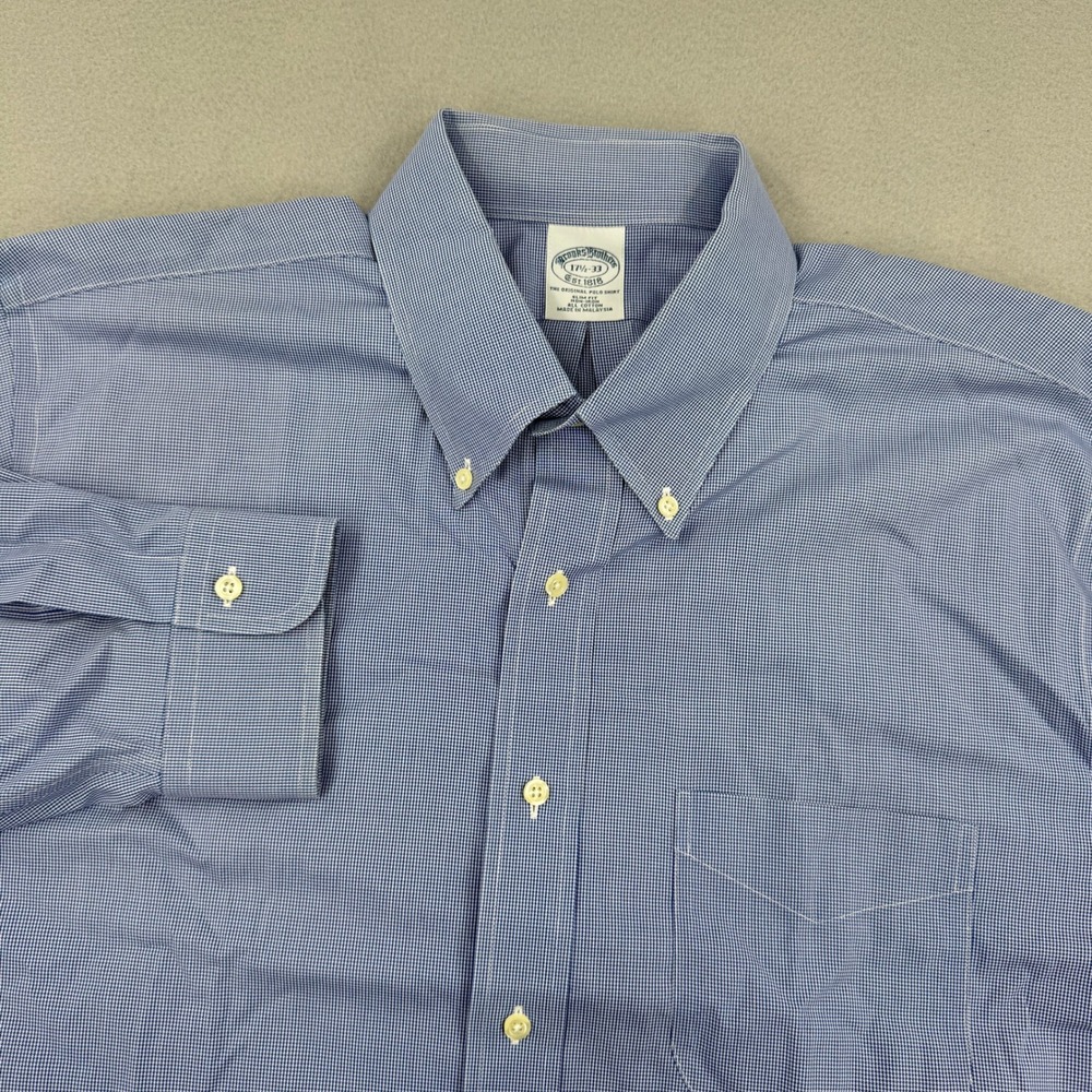 Brooks Brothers Slim Fit Long Sleeve Dress‎ Shirt Mens 17.5-33 Blue Houndstooth